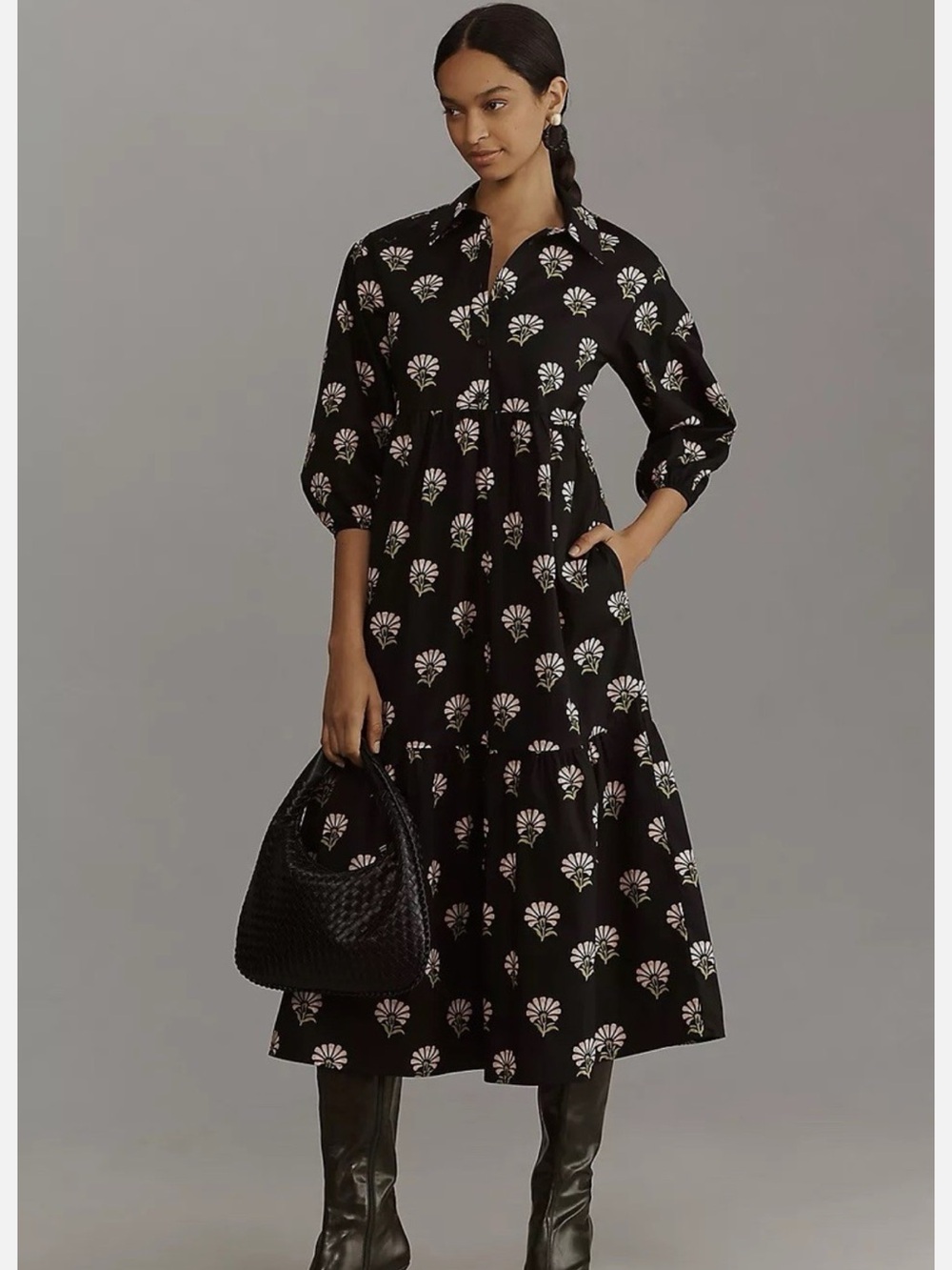 Anthropologie Maeve Bettina Tiered Shirt Dress Black Floral Daisy size L.
